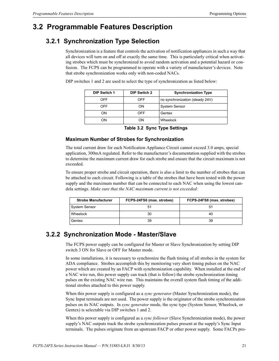 2 programmable features description, 1 synchronization type selection, Maximum number of strobes for synchronization | 2 synchronization mode - master/slave, Programmable features description, Synchronization type selection, Synchronization mode - master/slave | Fire-Lite FCPS Series Field Charger/Power Supply User Manual | Page 21 / 48