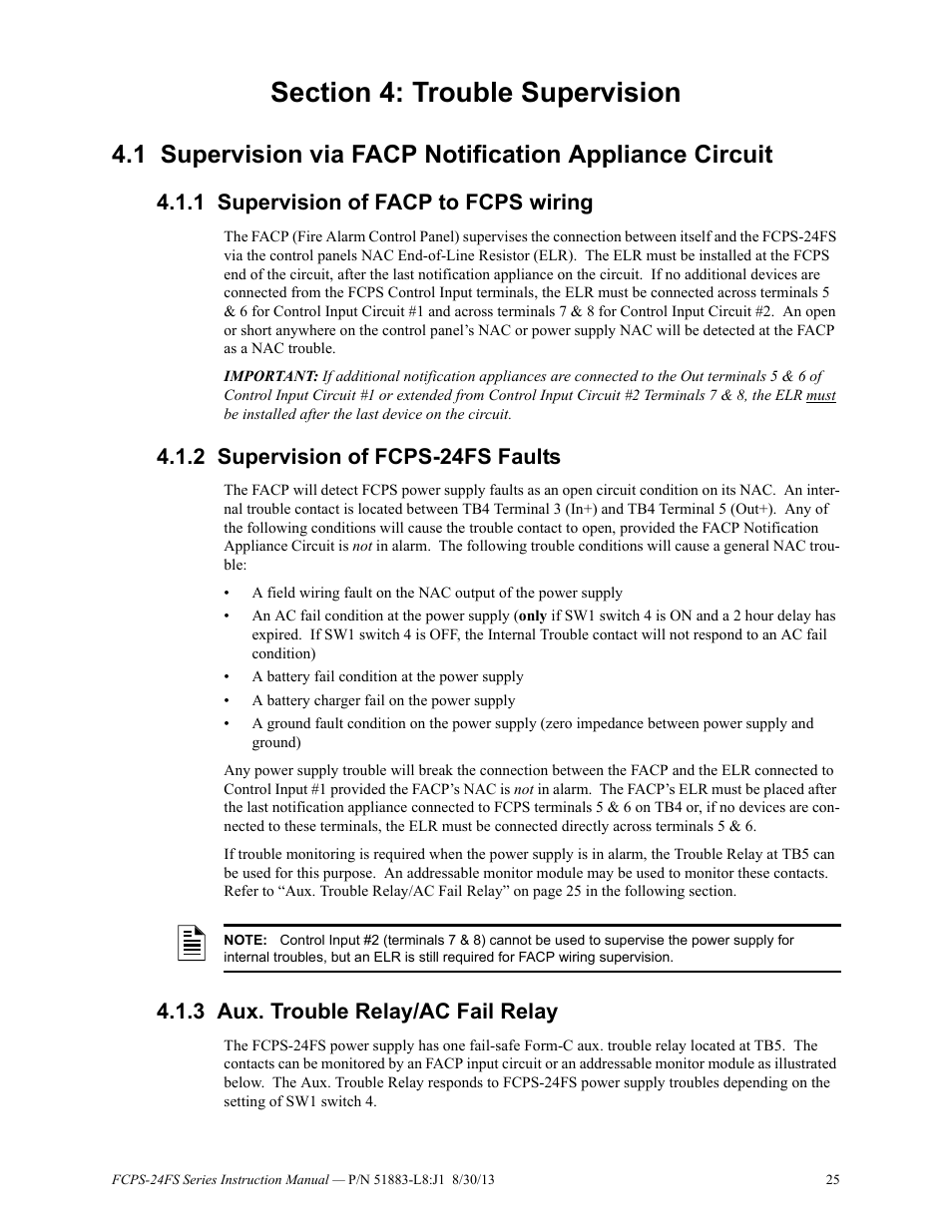 Section 4: trouble supervision, 1 supervision of facp to fcps wiring, 2 supervision of fcps-24fs faults | 3 aux. trouble relay/ac fail relay, D in“trouble supervision” on | Fire-Lite FCPS Series Field Charger/Power Supply User Manual | Page 25 / 48