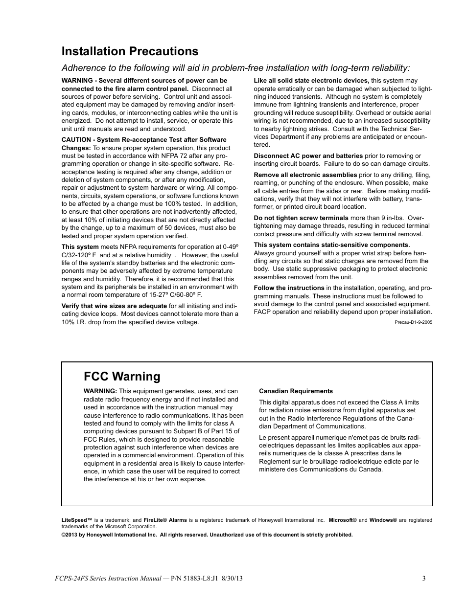 Installation precautions, Fcc warning | Fire-Lite FCPS Series Field Charger/Power Supply User Manual | Page 3 / 48
