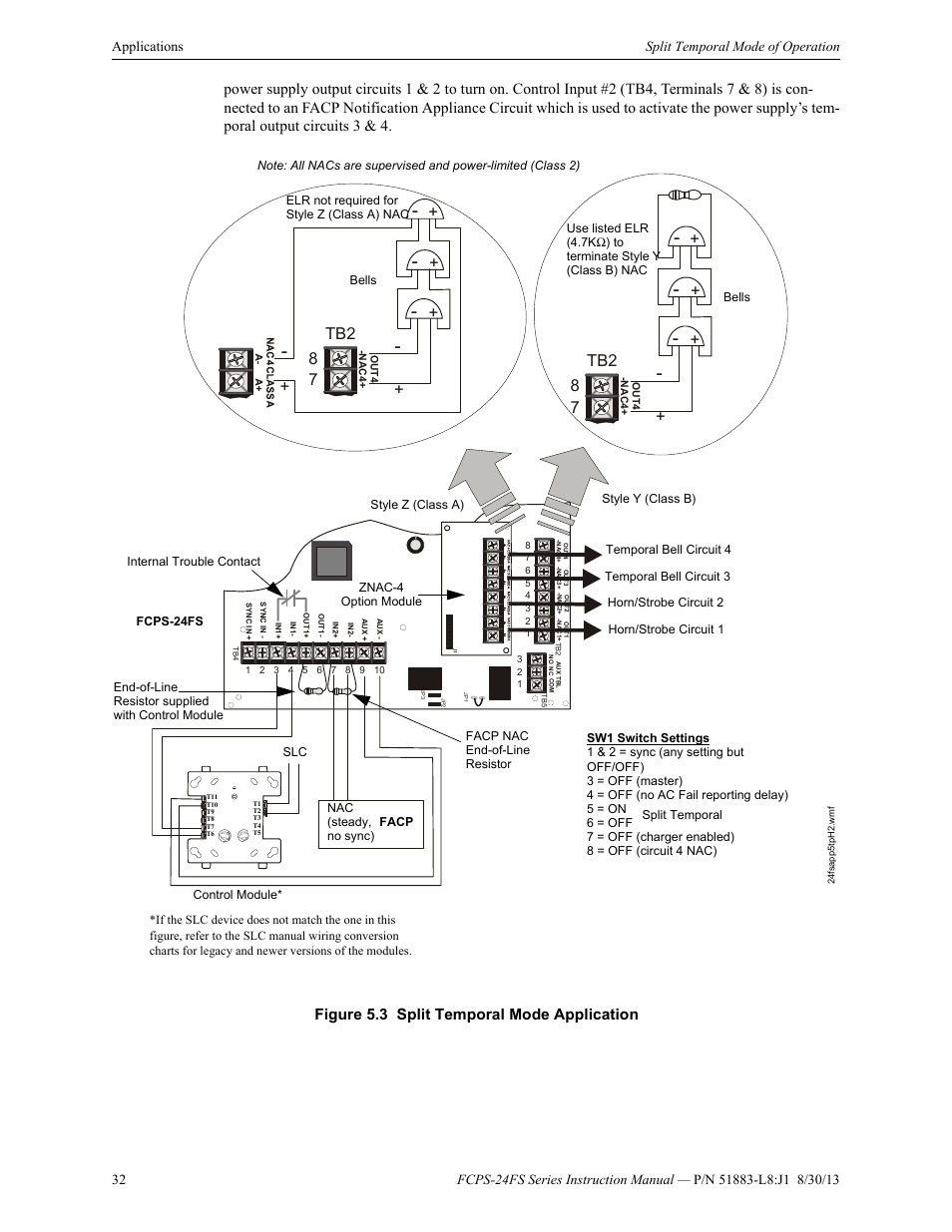 8 7 tb2 tb2, Figure 5.3 split temporal mode application | Fire-Lite FCPS Series Field Charger/Power Supply User Manual | Page 32 / 48