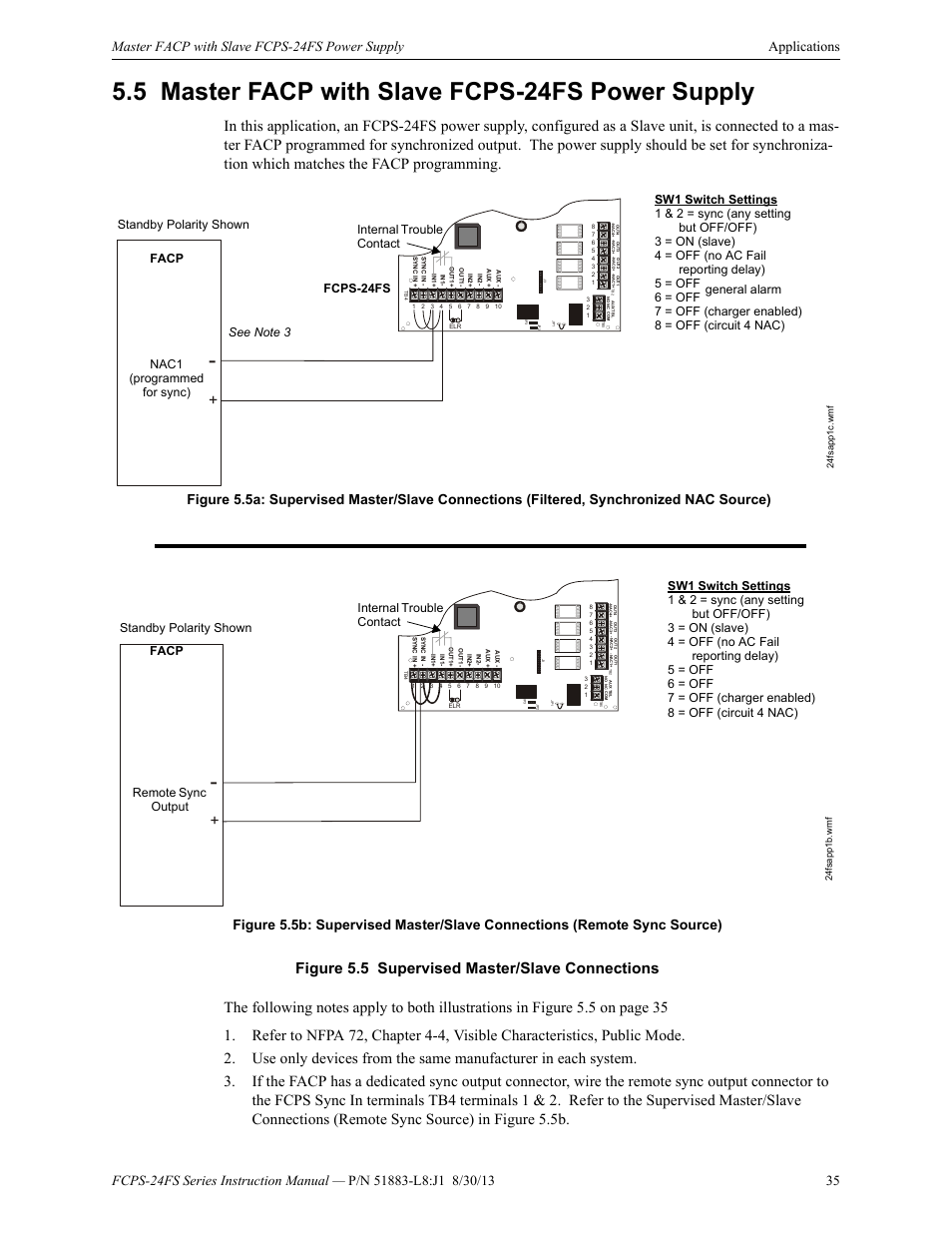 5 master facp with slave fcps-24fs power supply, Master facp with slave fcps-24fs power supply, Figure 5.5 supervised master/slave connections | General alarm | Fire-Lite FCPS Series Field Charger/Power Supply User Manual | Page 35 / 48