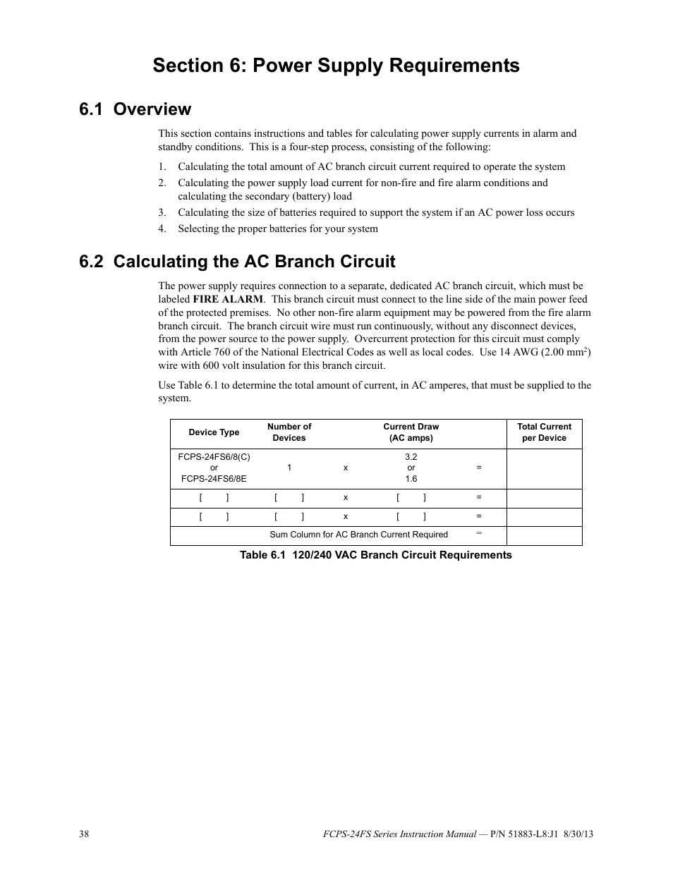 Section 6: power supply requirements, 1 overview, 2 calculating the ac branch circuit | Overview 6.2: calculating the ac branch circuit | Fire-Lite FCPS Series Field Charger/Power Supply User Manual | Page 38 / 48