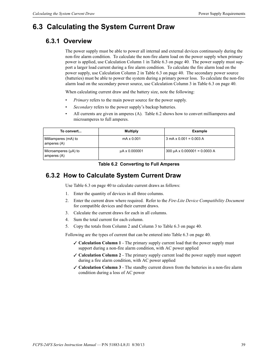 3 calculating the system current draw, 1 overview, 2 how to calculate system current draw | Calculating the system current draw | Fire-Lite FCPS Series Field Charger/Power Supply User Manual | Page 39 / 48