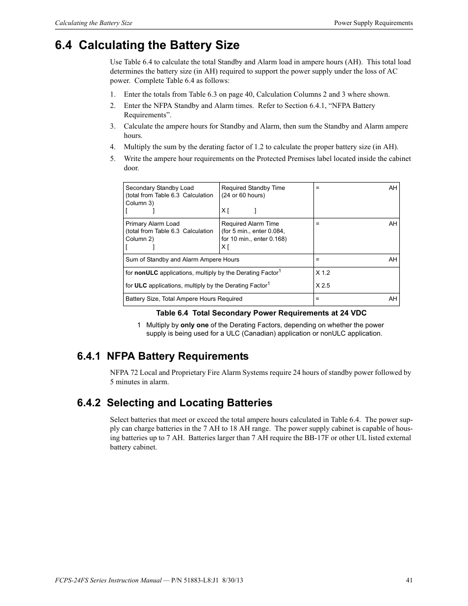 4 calculating the battery size, 1 nfpa battery requirements, 2 selecting and locating batteries | Calculating the battery size | Fire-Lite FCPS Series Field Charger/Power Supply User Manual | Page 41 / 48
