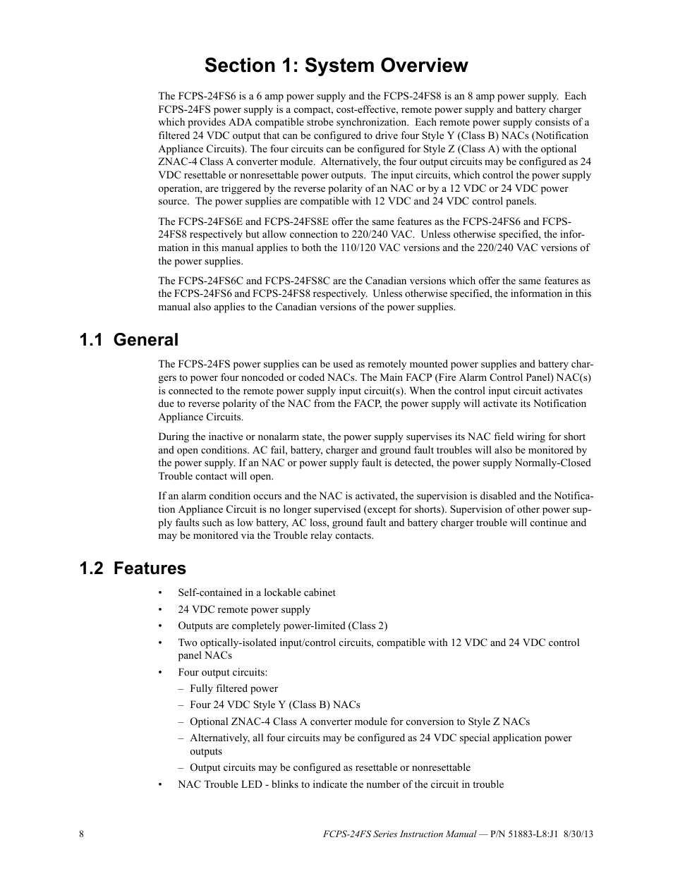 Section 1: system overview, 1 general, 2 features | General 1.2: features | Fire-Lite FCPS Series Field Charger/Power Supply User Manual | Page 8 / 48