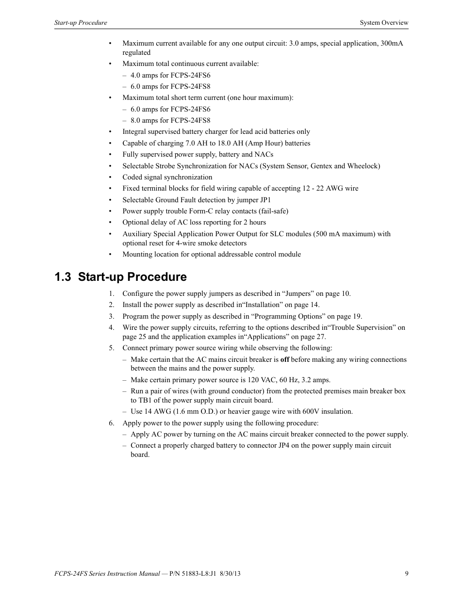 3 start-up procedure, Start-up procedure | Fire-Lite FCPS Series Field Charger/Power Supply User Manual | Page 9 / 48