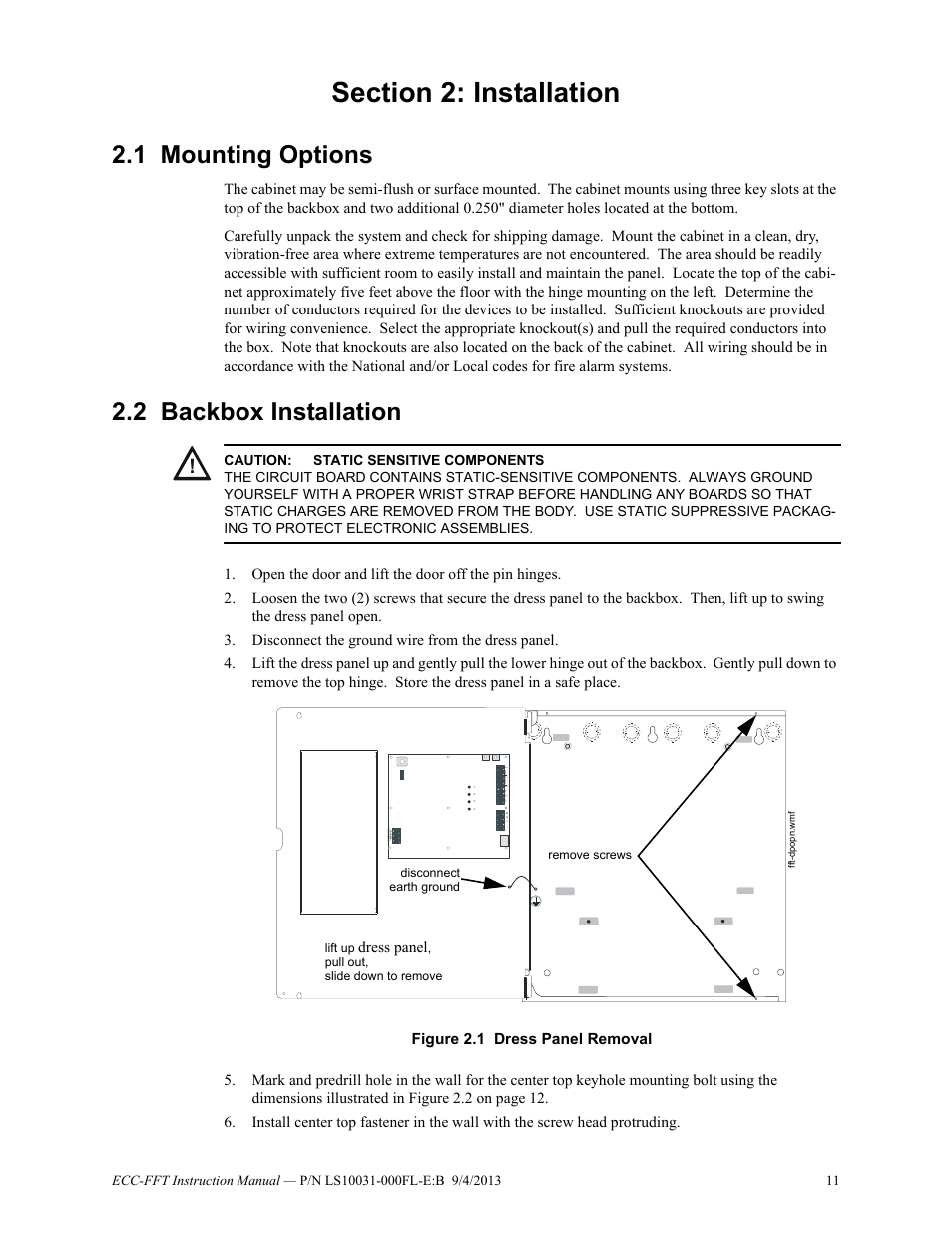 Section 2: installation, 1 mounting options, 2 backbox installation | Mounting options 2.2: backbox installation | Fire-Lite ECC-FFT Firefighters Telephone User Manual | Page 11 / 32