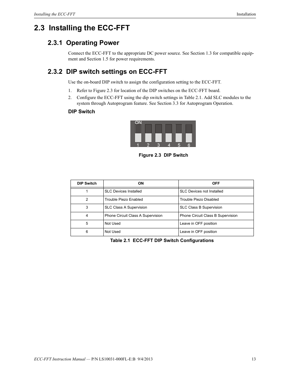 3 installing the ecc-fft, 1 operating power, 2 dip switch settings on ecc-fft | Dip switch, Installing the ecc-fft | Fire-Lite ECC-FFT Firefighters Telephone User Manual | Page 13 / 32