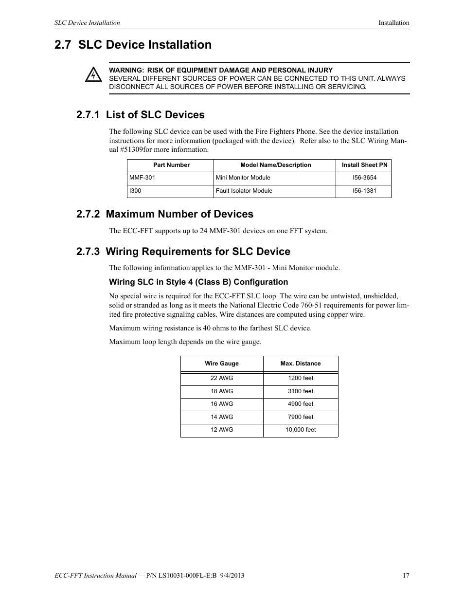7 slc device installation, 1 list of slc devices, 2 maximum number of devices | 3 wiring requirements for slc device, Wiring slc in style 4 (class b) configuration, Slc device installation | Fire-Lite ECC-FFT Firefighters Telephone User Manual | Page 17 / 32