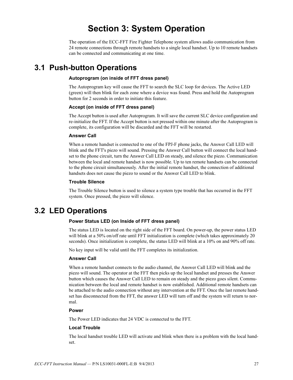 Section 3: system operation, 1 push-button operations, 2 led operations | Push-button operations 3.2: led operations | Fire-Lite ECC-FFT Firefighters Telephone User Manual | Page 27 / 32