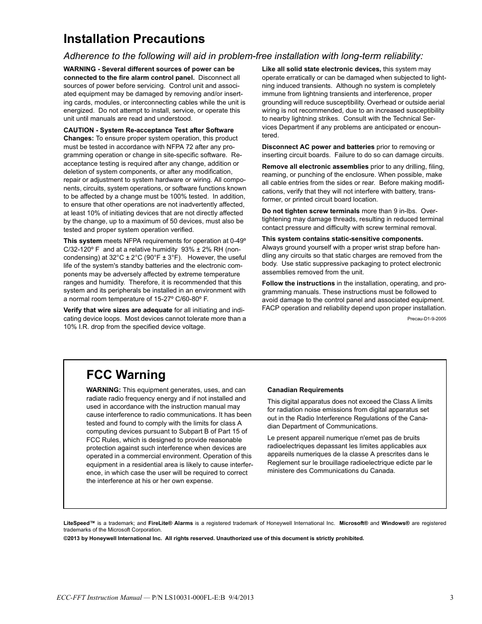 Installation precautions, Fcc warning | Fire-Lite ECC-FFT Firefighters Telephone User Manual | Page 3 / 32