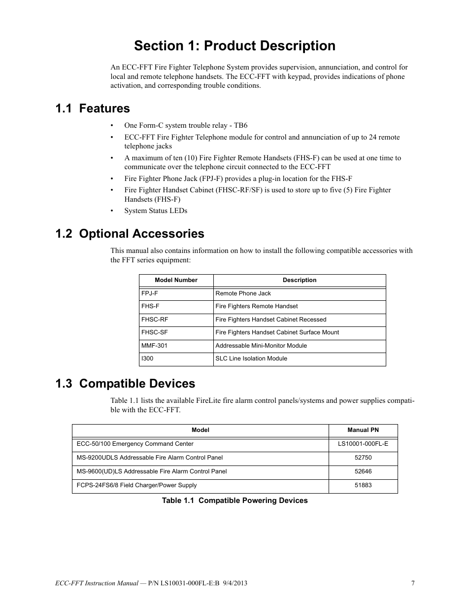 Section 1: product description, 1 features, 2 optional accessories | 3 compatible devices | Fire-Lite ECC-FFT Firefighters Telephone User Manual | Page 7 / 32