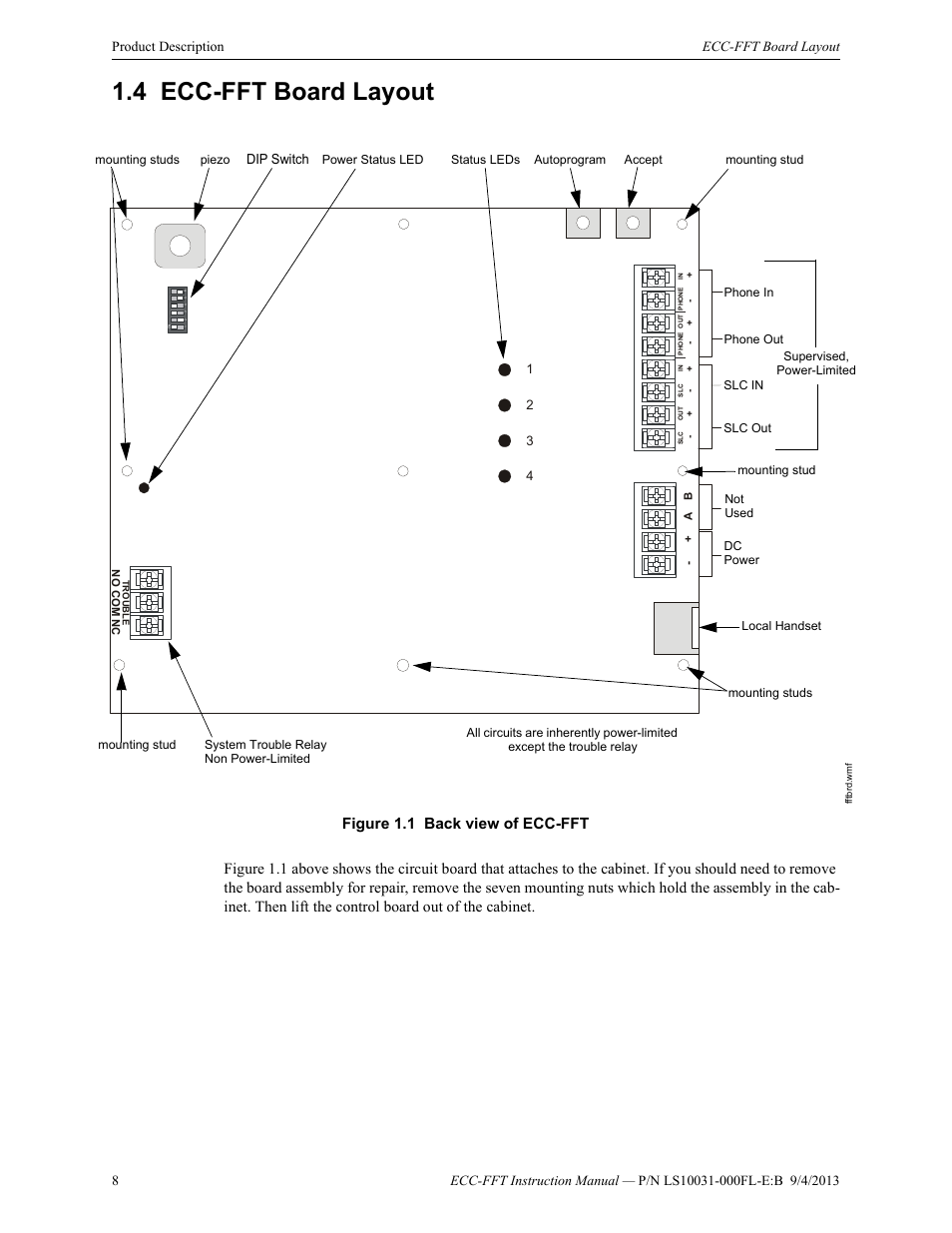 4 ecc-fft board layout, Ecc-fft board layout, Figure 1.1 back view of ecc-fft | Dip switch | Fire-Lite ECC-FFT Firefighters Telephone User Manual | Page 8 / 32