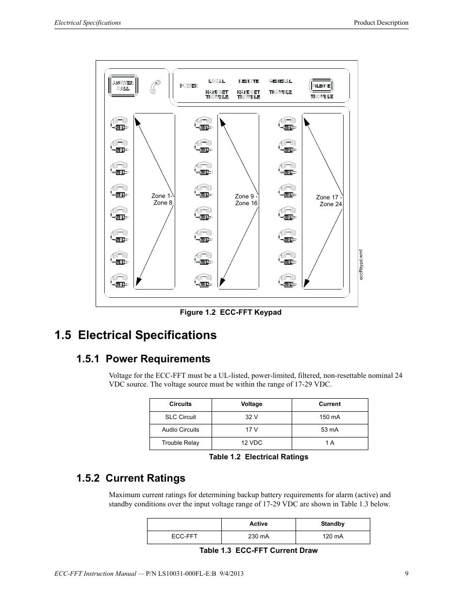 5 electrical specifications, 1 power requirements, 2 current ratings | Electrical specifications, Power requirements 1.5.2: current ratings | Fire-Lite ECC-FFT Firefighters Telephone User Manual | Page 9 / 32