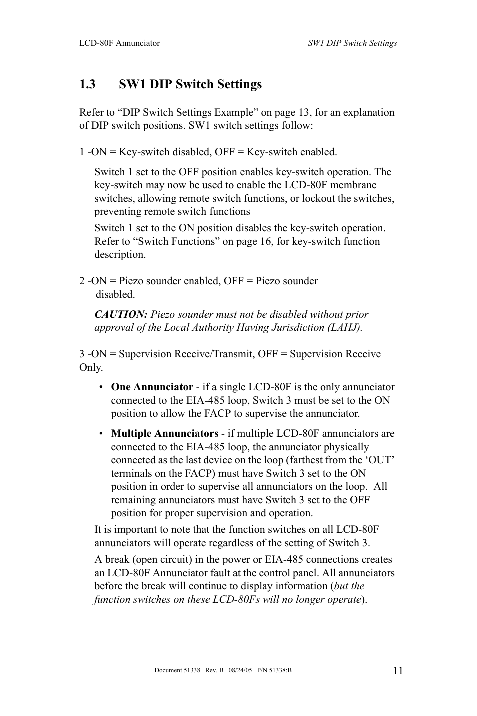 3 sw1 dip switch settings | Fire-Lite LCD-80F Remote LCD Annunciator User Manual | Page 11 / 36