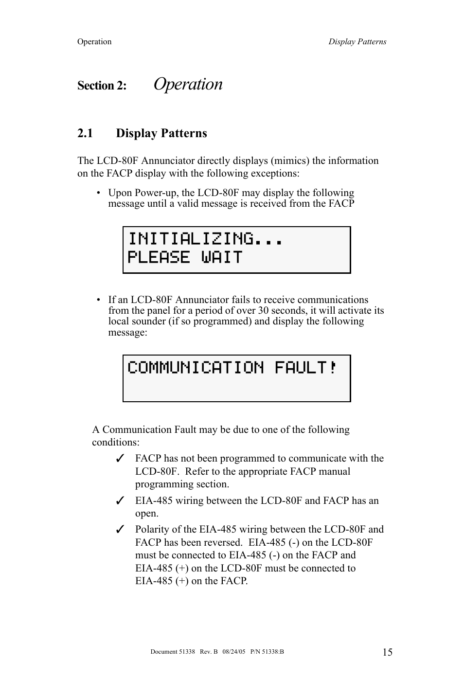 Operation, Initializing... please wait communication fault, 1 display patterns | Fire-Lite LCD-80F Remote LCD Annunciator User Manual | Page 15 / 36