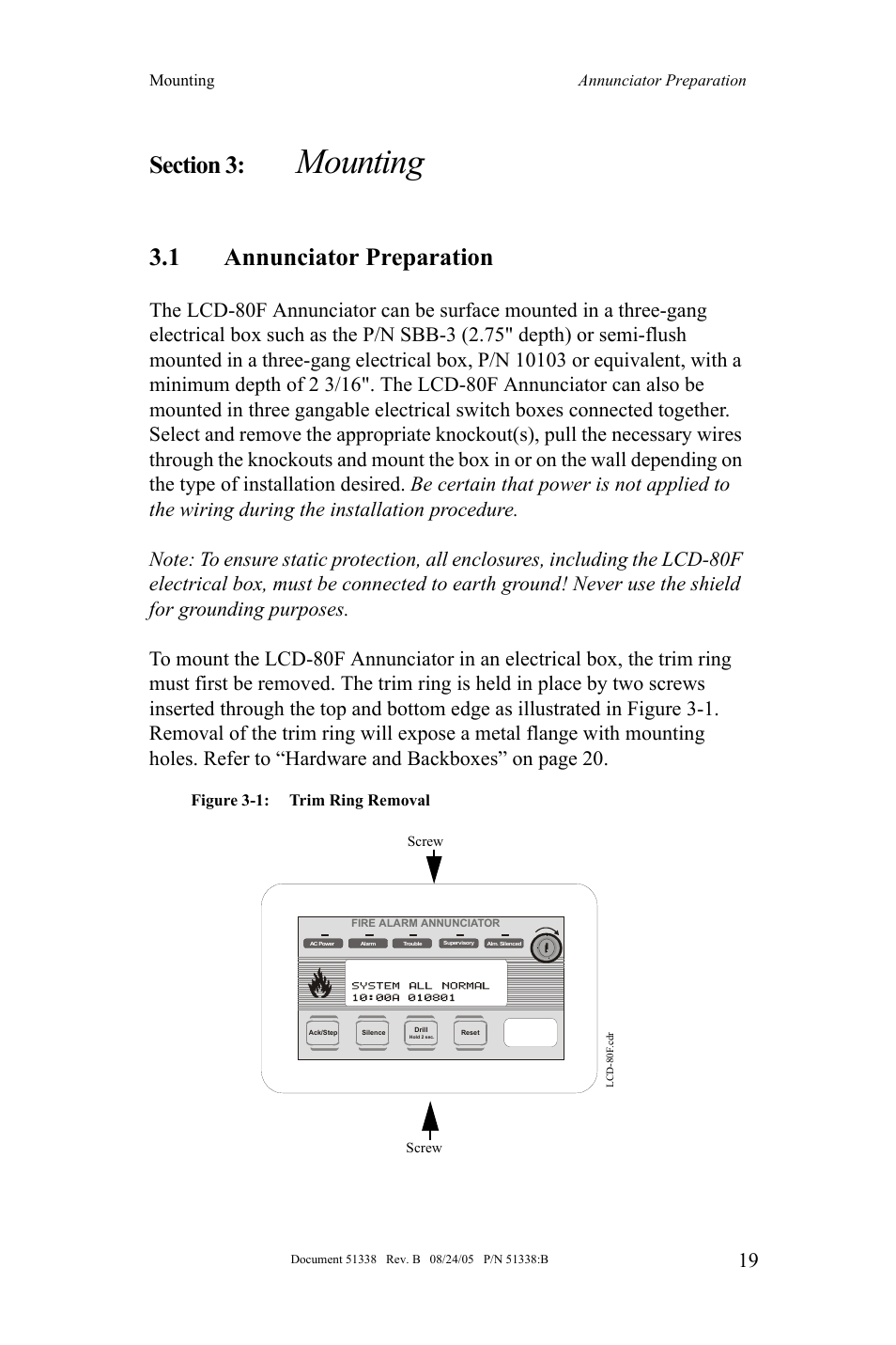 Mounting, 1 annunciator preparation | Fire-Lite LCD-80F Remote LCD Annunciator User Manual | Page 19 / 36