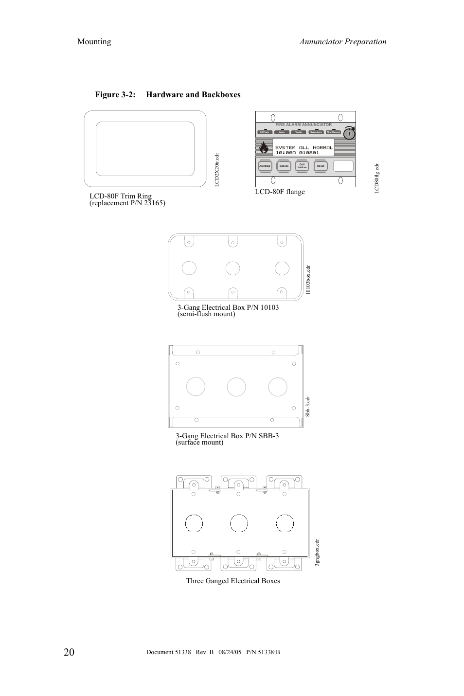 Mounting annunciator preparation, Figure 3-2: hardware and backboxes, Three ganged electrical boxes | Fire-Lite LCD-80F Remote LCD Annunciator User Manual | Page 20 / 36