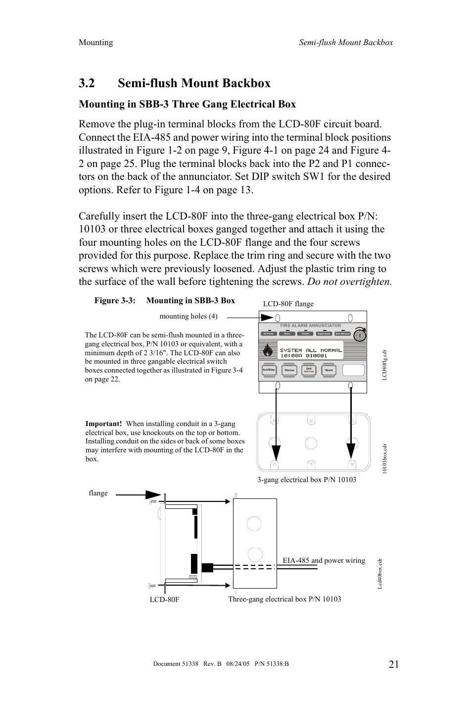 2 semi-flush mount backbox, Mounting semi-flush mount backbox, Figure 3-3: mounting in sbb-3 box | Fire-Lite LCD-80F Remote LCD Annunciator User Manual | Page 21 / 36