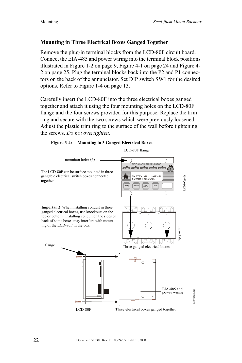 Mounting semi-flush mount backbox, Figure 3-4: mounting in 3 ganged electrical boxes, Three ganged electrical boxes | Fire-Lite LCD-80F Remote LCD Annunciator User Manual | Page 22 / 36
