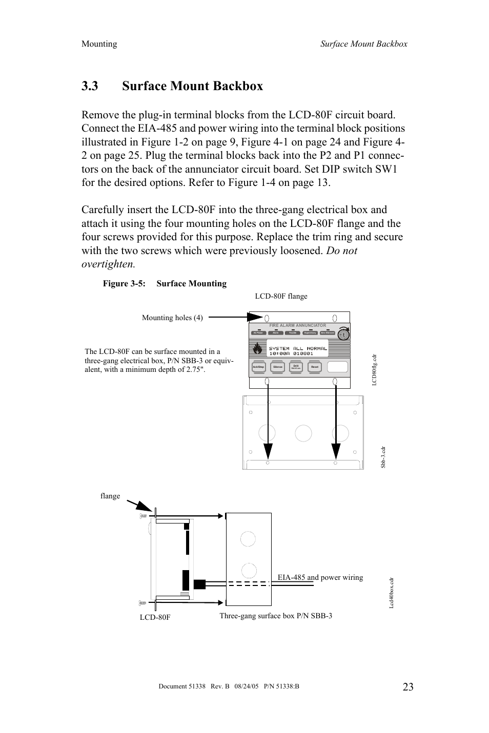 3 surface mount backbox, Mounting surface mount backbox, Figure 3-5: surface mounting | Fire-Lite LCD-80F Remote LCD Annunciator User Manual | Page 23 / 36