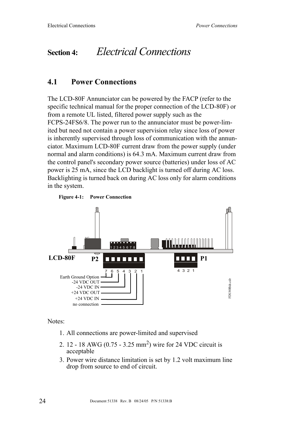 Electrical connections, 1 power connections, P2 p1 | Lcd-80f | Fire-Lite LCD-80F Remote LCD Annunciator User Manual | Page 24 / 36