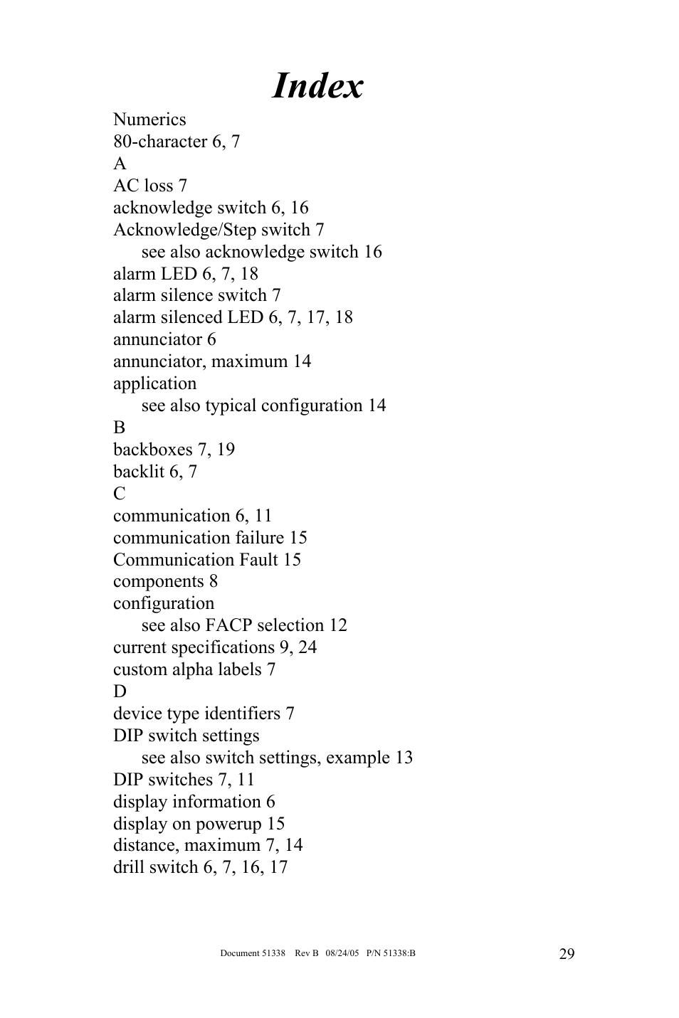 Index | Fire-Lite LCD-80F Remote LCD Annunciator User Manual | Page 29 / 36