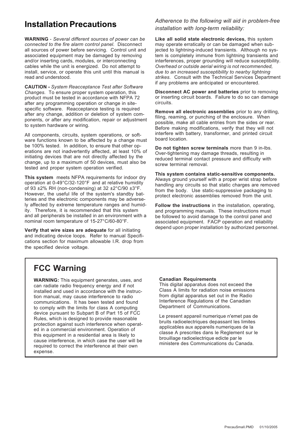 Fcc warning, Installation precautions | Fire-Lite LCD-80F Remote LCD Annunciator User Manual | Page 3 / 36