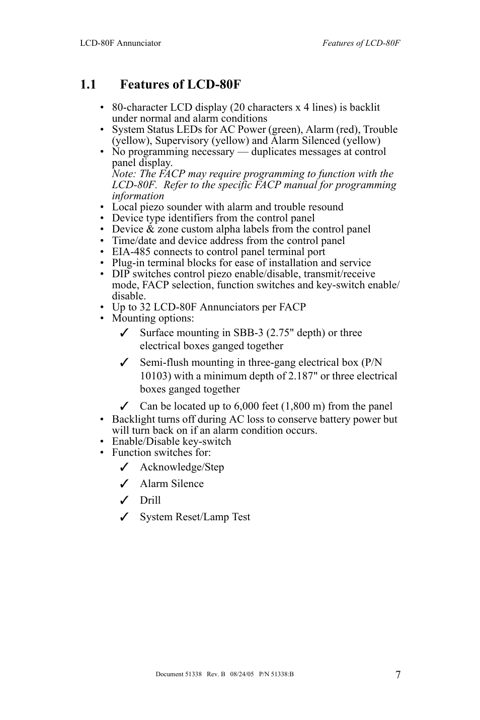 1 features of lcd-80f | Fire-Lite LCD-80F Remote LCD Annunciator User Manual | Page 7 / 36