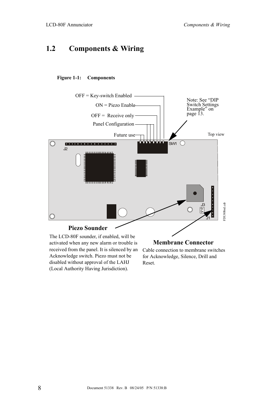 2 components & wiring, Piezo sounder membrane connector | Fire-Lite LCD-80F Remote LCD Annunciator User Manual | Page 8 / 36