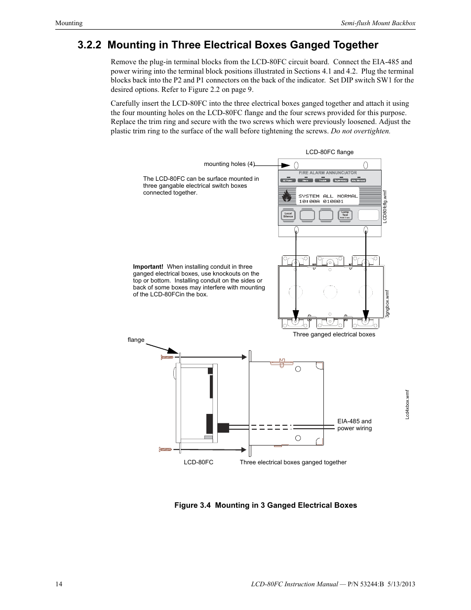 Mounting in three electrical boxes ganged together, Figure 3.4 mounting in 3 ganged electrical boxes | Fire-Lite LCD-80FC Remote Fire Indicator User Manual | Page 14 / 28