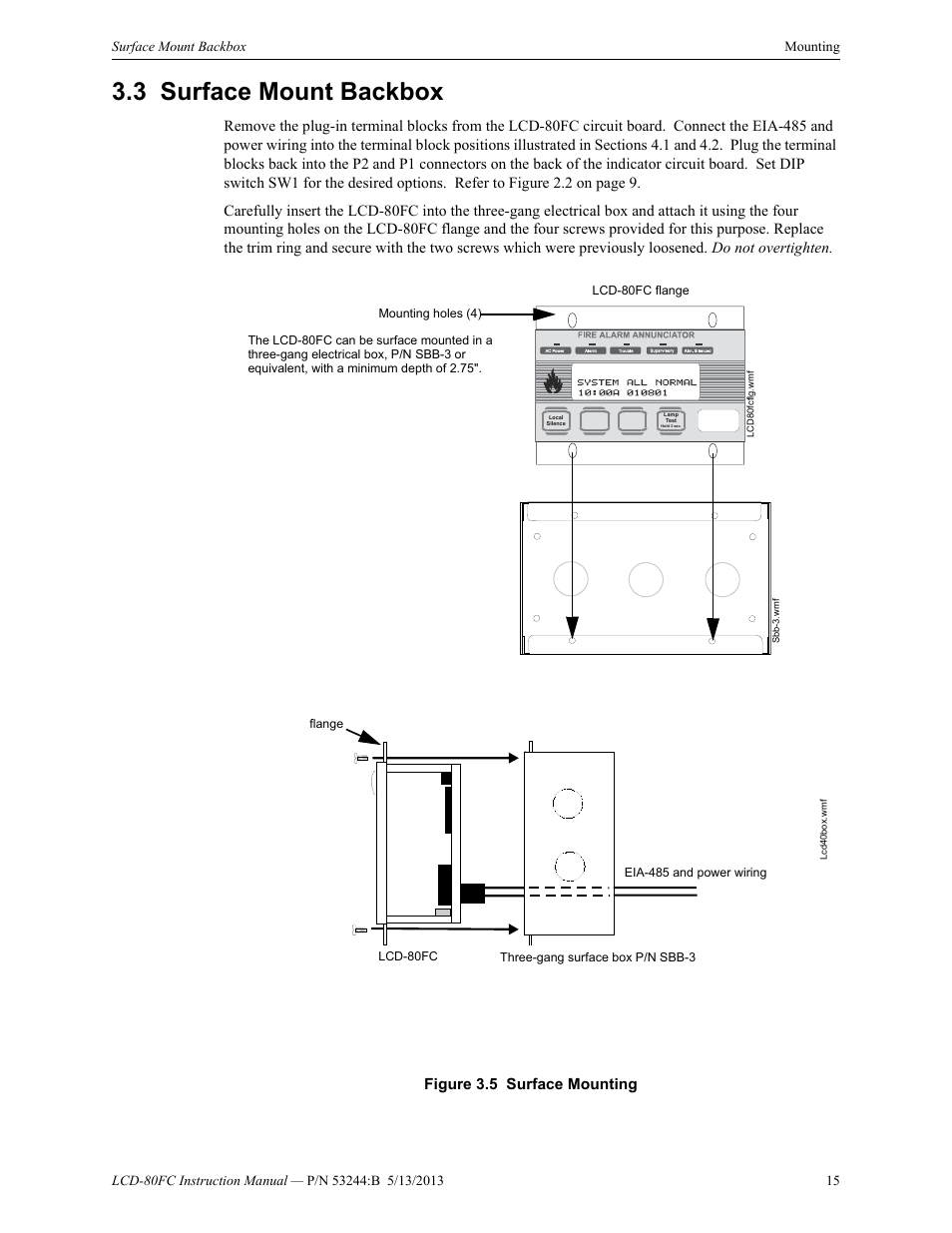 3 surface mount backbox, Surface mount backbox, Figure 3.5 surface mounting | Fire-Lite LCD-80FC Remote Fire Indicator User Manual | Page 15 / 28