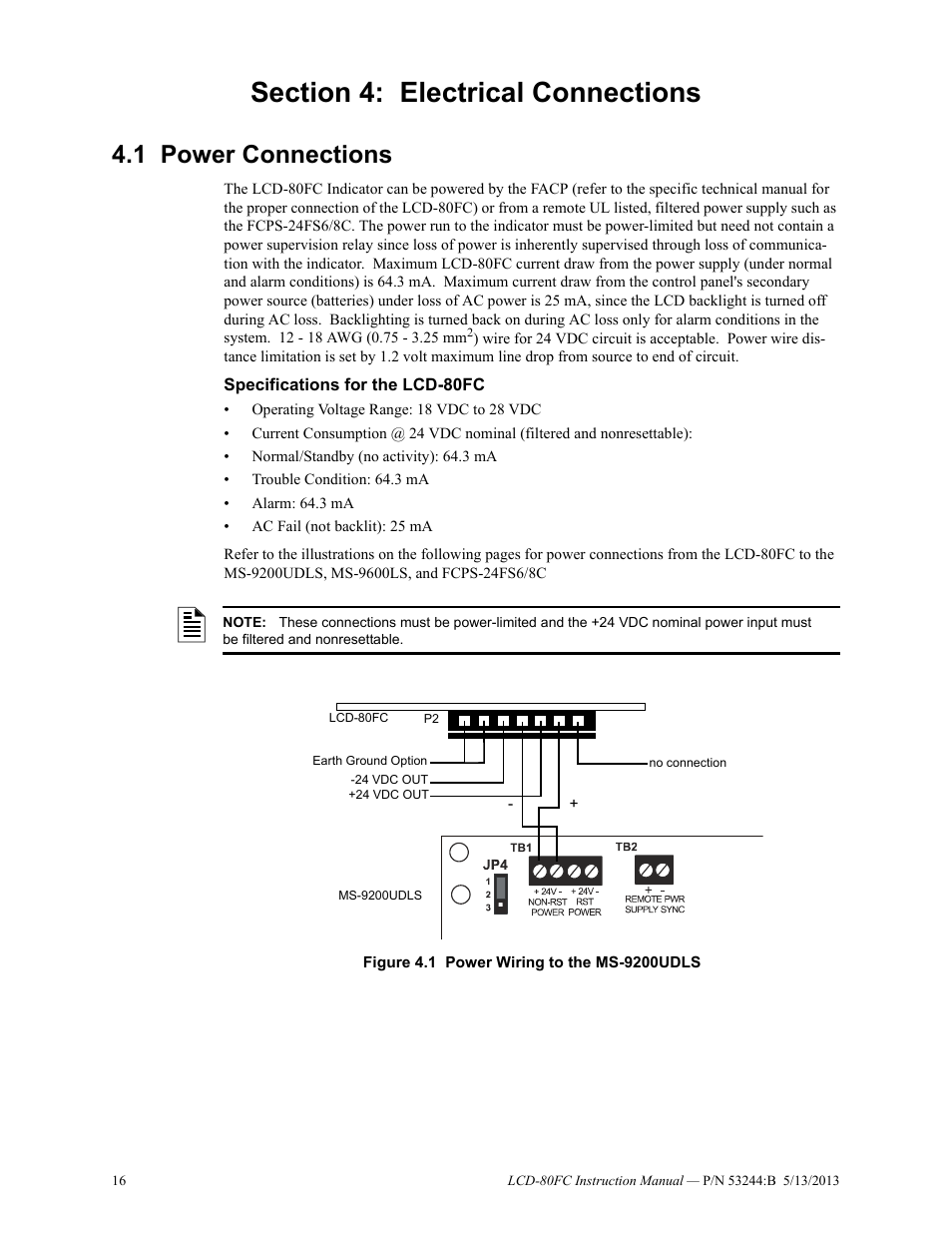 Section 4: electrical connections, 1 power connections, Specifications for the lcd-80fc | Power connections, Sections 4.1 and secti | Fire-Lite LCD-80FC Remote Fire Indicator User Manual | Page 16 / 28