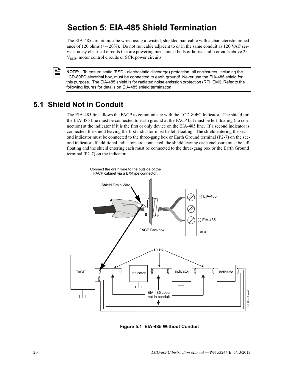 Section 5: eia-485 shield termination, 1 shield not in conduit, Shield not in conduit | Fire-Lite LCD-80FC Remote Fire Indicator User Manual | Page 20 / 28