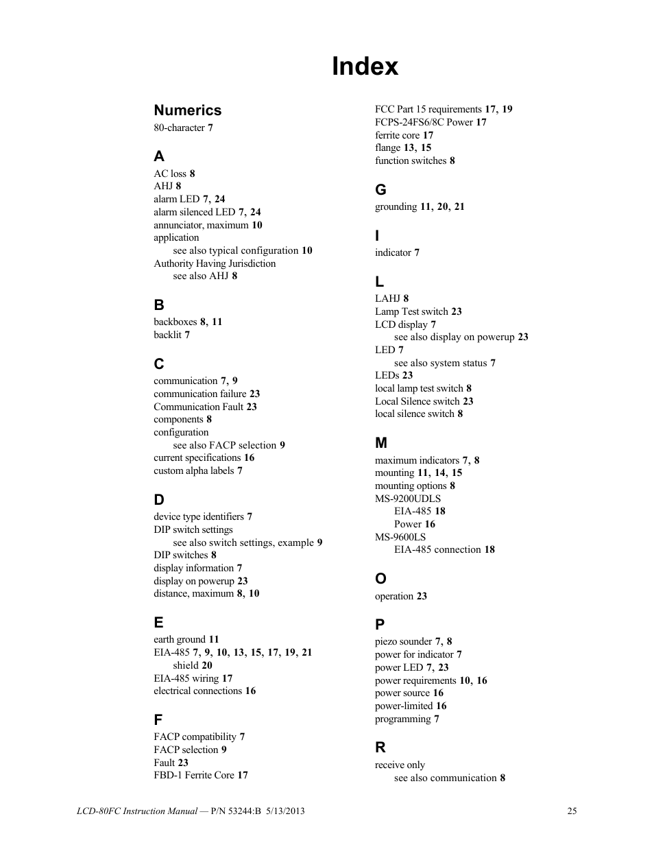 Index, Numerics | Fire-Lite LCD-80FC Remote Fire Indicator User Manual | Page 25 / 28