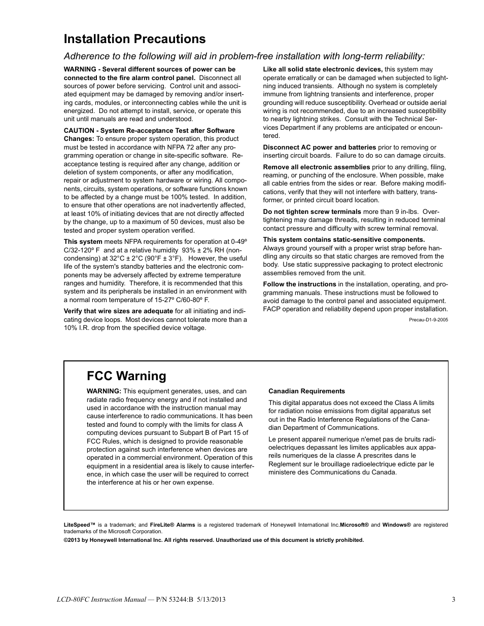 Installation precautions, Fcc warning | Fire-Lite LCD-80FC Remote Fire Indicator User Manual | Page 3 / 28