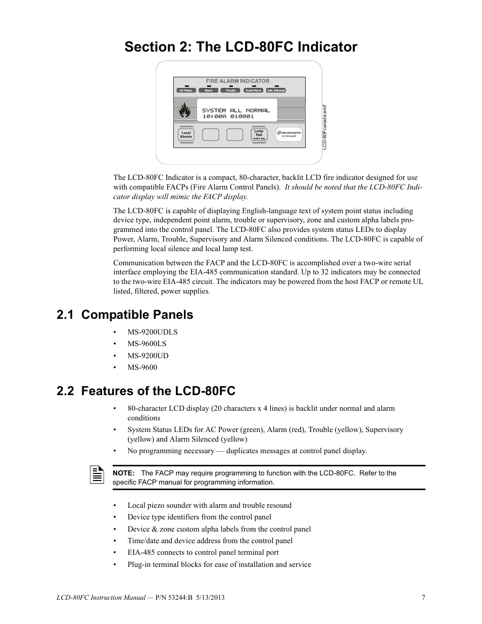 Section 2: the lcd-80fc indicator, 1 compatible panels, 2 features of the lcd-80fc | Compatible panels 2.2: features of the lcd-80fc | Fire-Lite LCD-80FC Remote Fire Indicator User Manual | Page 7 / 28