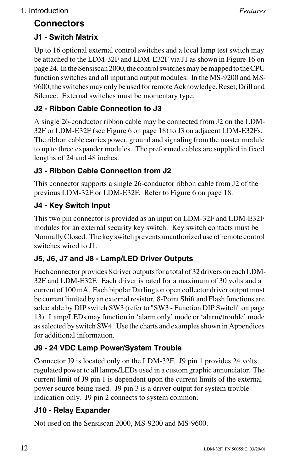 Connectors, J1 - switch matrix, J2 - ribbon cable connection to j3 | J3 - ribbon cable connection from j2, J4 - key switch input, J5, j6, j7 and j8 - lamp/led driver outputs, J9 - 24 vdc lamp power/system trouble, J10 - relay expander | Fire-Lite LDM-32F Lamp Drivers User Manual | Page 12 / 64