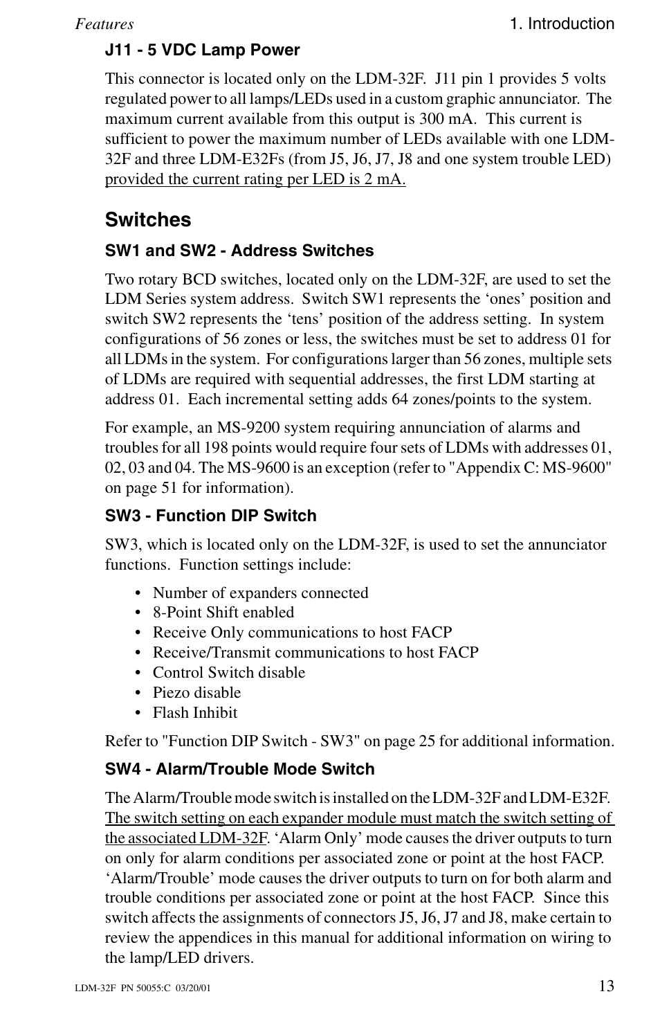 J11 - 5 vdc lamp power, Switches, Sw1 and sw2 - address switches | Sw3 - function dip switch, Sw4 - alarm/trouble mode switch | Fire-Lite LDM-32F Lamp Drivers User Manual | Page 13 / 64