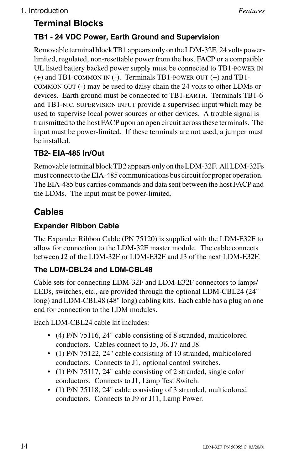 Terminal blocks, Tb1 - 24 vdc power, earth ground and supervision, Tb2- eia-485 in/out | Cables, Expander ribbon cable, The ldm-cbl24 and ldm-cbl48 | Fire-Lite LDM-32F Lamp Drivers User Manual | Page 14 / 64