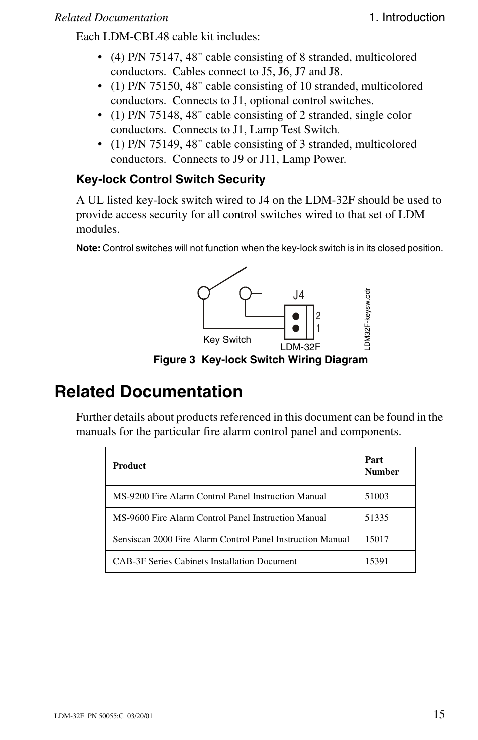 Key-lock control switch security, Related documentation | Fire-Lite LDM-32F Lamp Drivers User Manual | Page 15 / 64