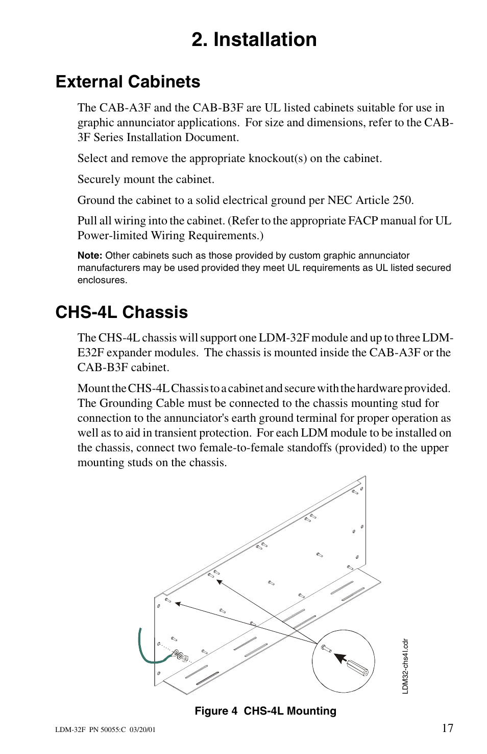 Installation, External cabinets, Chs-4l chassis | Fire-Lite LDM-32F Lamp Drivers User Manual | Page 17 / 64