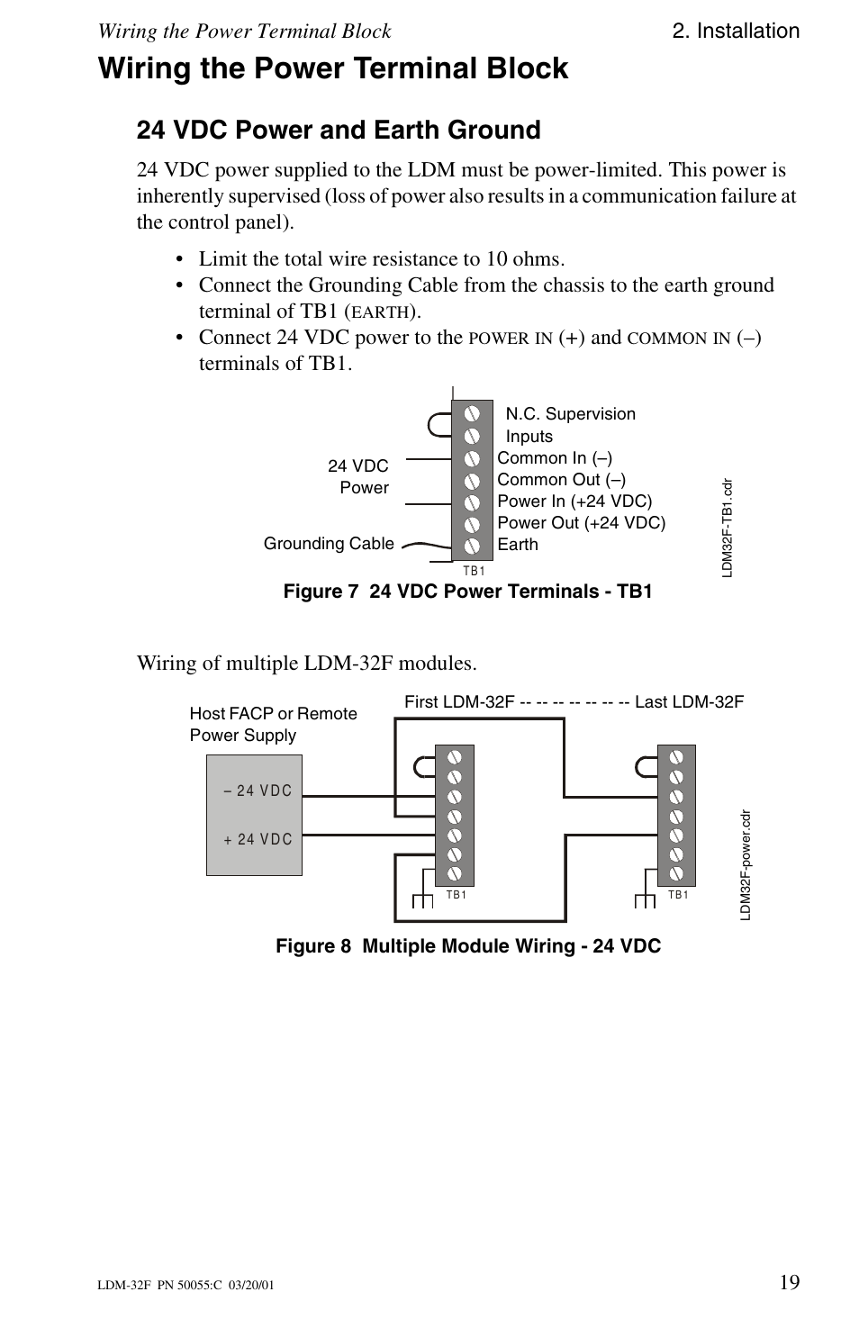 Wiring the power terminal block, 24 vdc power and earth ground, Wiring the power terminal block 2. installation | Connect 24 vdc power to the, Terminals of tb1, Wiring of multiple ldm-32f modules | Fire-Lite LDM-32F Lamp Drivers User Manual | Page 19 / 64