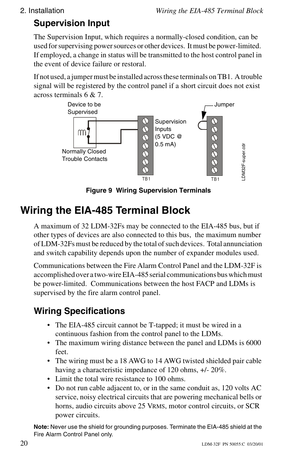 Supervision input, Wiring the eia-485 terminal block, Wiring specifications | Fire-Lite LDM-32F Lamp Drivers User Manual | Page 20 / 64