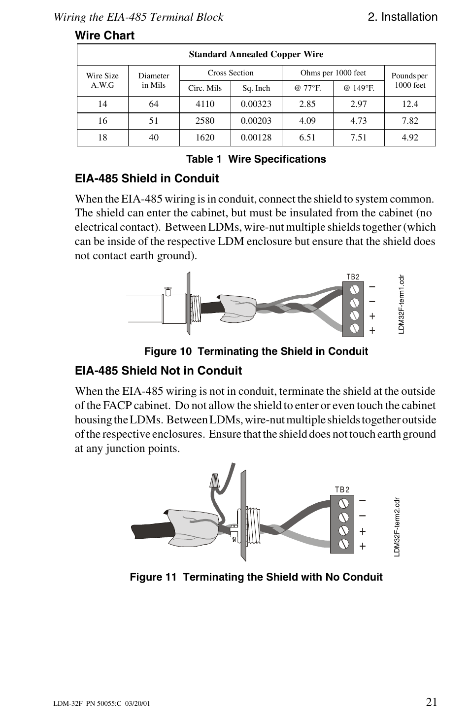 Wire chart, Eia-485 shield in conduit, Eia-485 shield not in conduit | Wiring the eia-485 terminal block 2. installation, 21 wire chart | Fire-Lite LDM-32F Lamp Drivers User Manual | Page 21 / 64