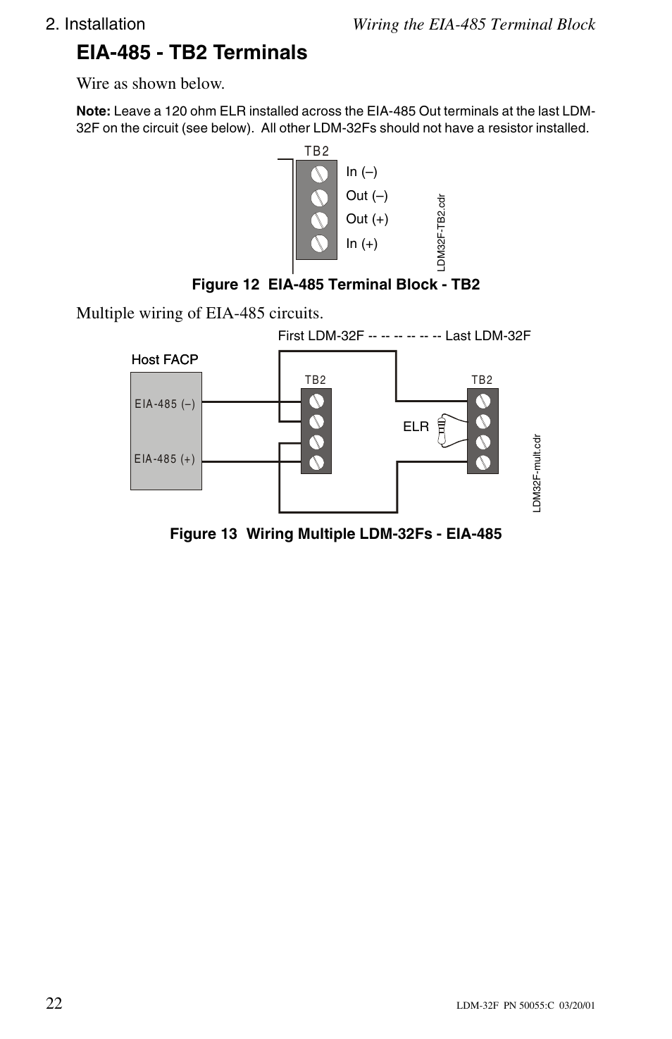 Eia-485 - tb2 terminals, Wire as shown below, Multiple wiring of eia-485 circuits | Fire-Lite LDM-32F Lamp Drivers User Manual | Page 22 / 64
