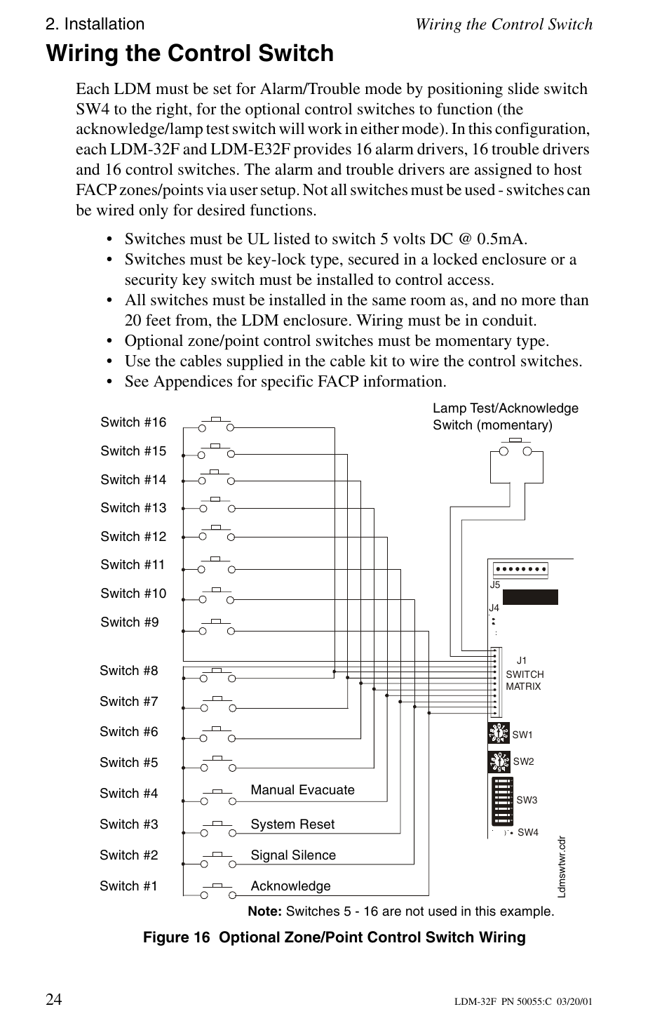 Wiring the control switch, Installation wiring the control switch 24 | Fire-Lite LDM-32F Lamp Drivers User Manual | Page 24 / 64