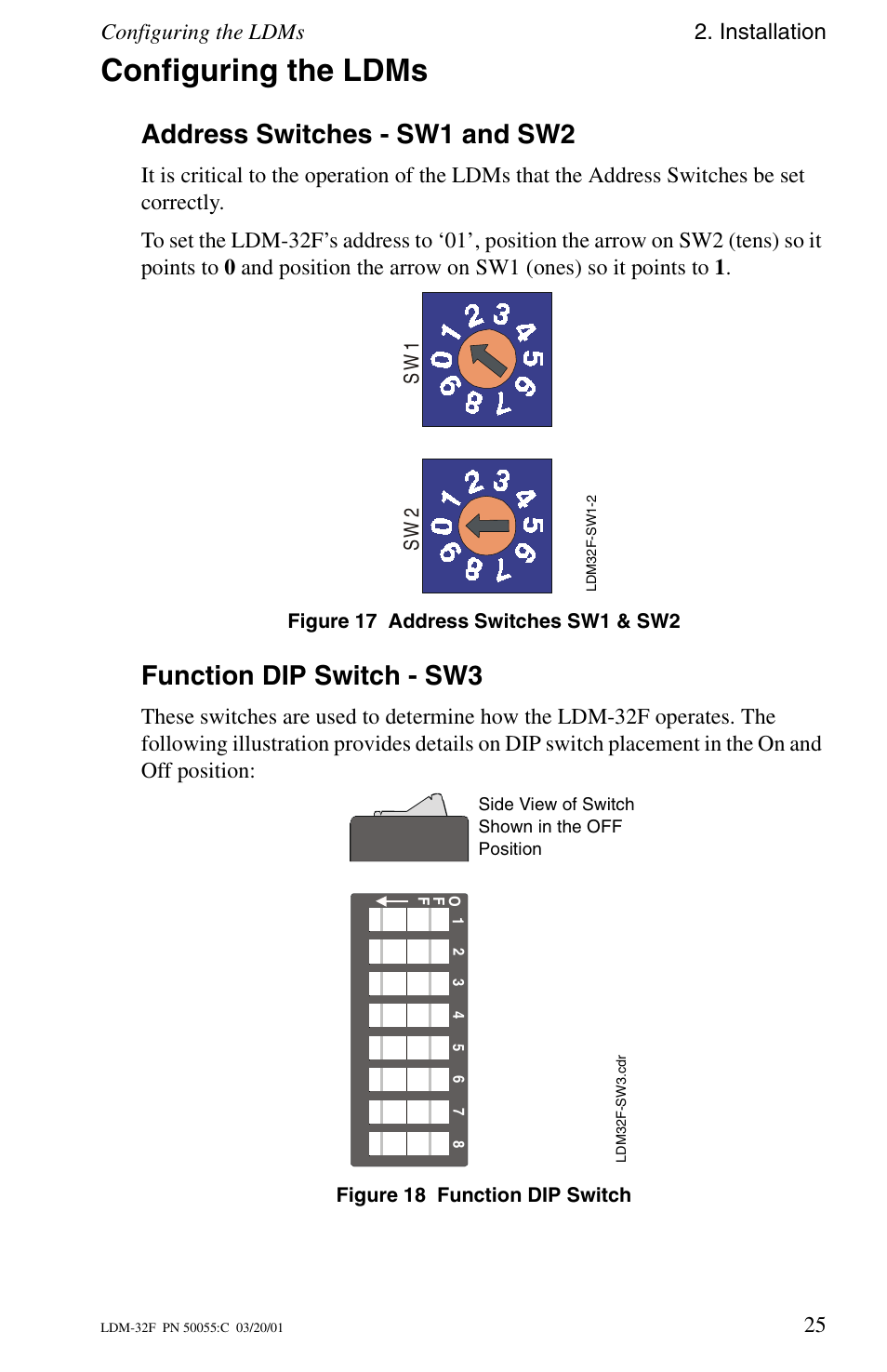 Configuring the ldms, Address switches - sw1 and sw2, Function dip switch - sw3 | Configuring the ldms 2. installation, Sw 2 s w 1 | Fire-Lite LDM-32F Lamp Drivers User Manual | Page 25 / 64