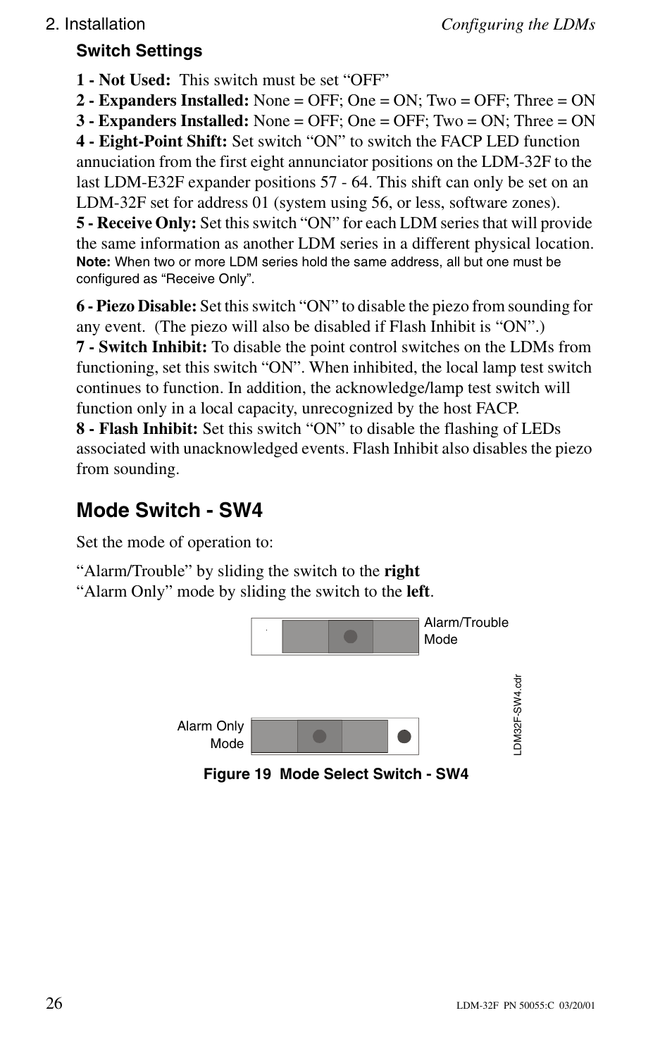 Switch settings, Mode switch - sw4, Installation configuring the ldms 26 | Fire-Lite LDM-32F Lamp Drivers User Manual | Page 26 / 64