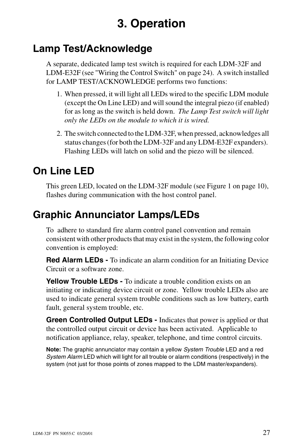Operation, Lamp test/acknowledge, On line led | Graphic annunciator lamps/leds | Fire-Lite LDM-32F Lamp Drivers User Manual | Page 27 / 64